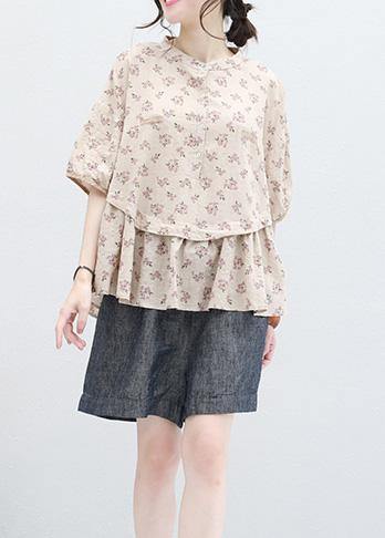 Stand Collar Nude Prints Linen Top Silhouette Design Half Sleeve Blouses Summer