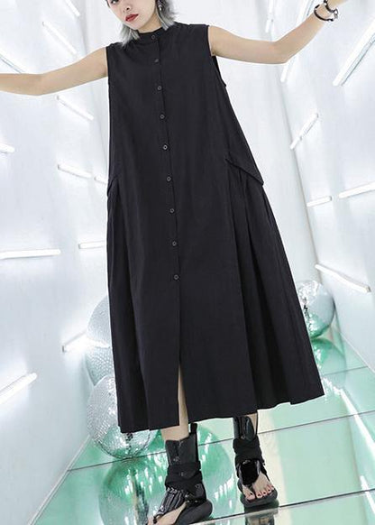 Stand Collar Pockets Cotton Summer Dresses Sewing Black Long Dresses