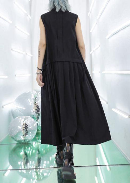 Stand Collar Pockets Cotton Summer Dresses Sewing Black Long Dresses