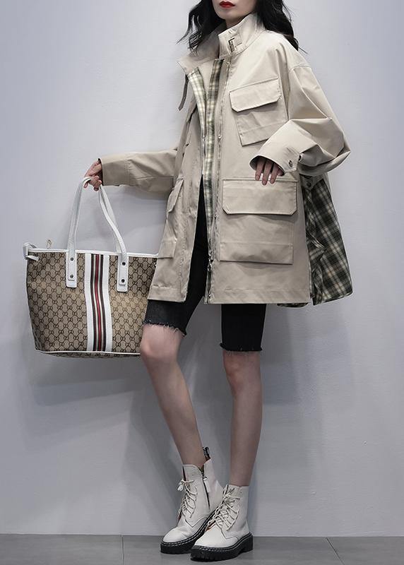 Stand Collar Pockets Coats Khaki Patchwork Plaid Jackets