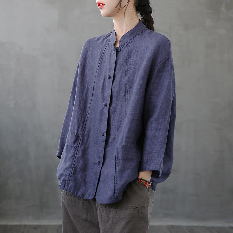 Stand Collar Pockets Tunics Sewing Dark Blue Top