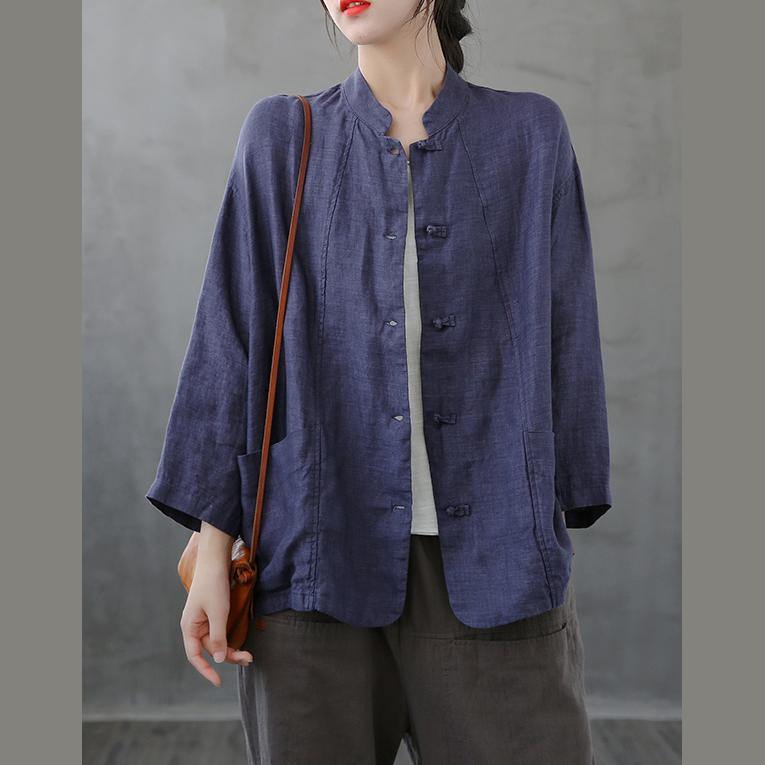 Stand Collar Pockets Tunics Sewing Dark Blue Top