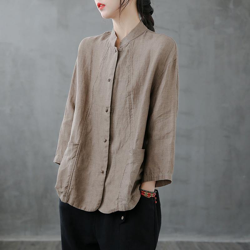 Stand Collar Pockets Tunics Sewing Dark Blue Top