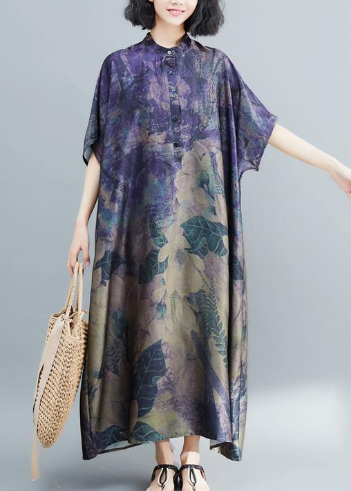 Stand Collar Tunic Dress Runway Dark Purple Print Robe Dress Summer