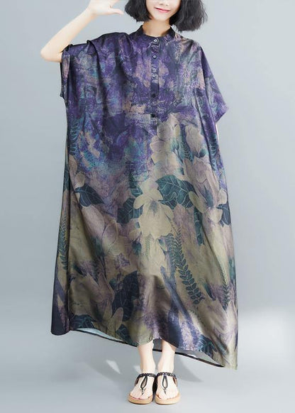 Stand Collar Tunic Dress Runway Dark Purple Print Robe Dress Summer