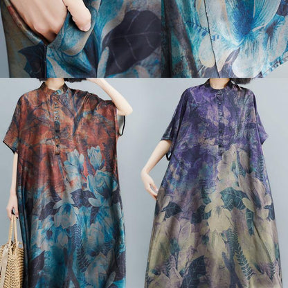 Stand Collar Tunic Dress Runway Dark Purple Print Robe Dress Summer