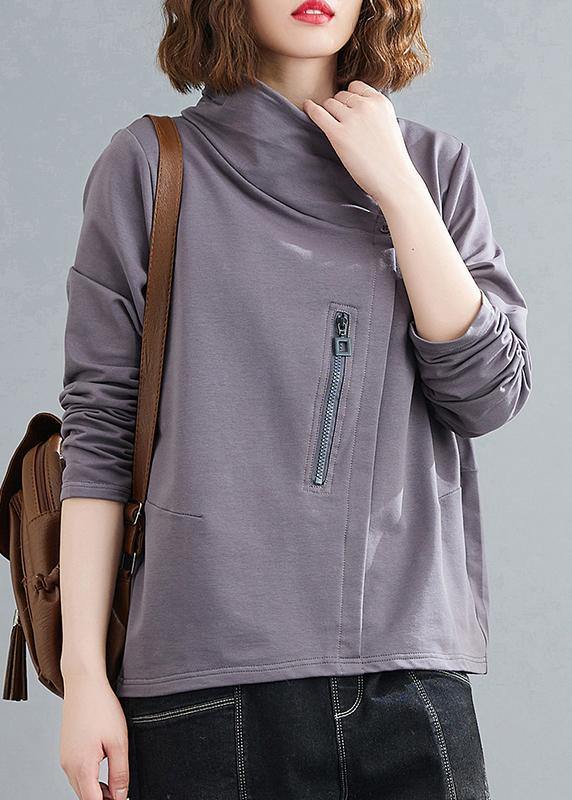 Stand Collar Zippered Clothes Photography Gray Blouses