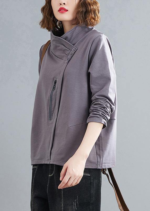 Stand Collar Zippered Clothes Photography Gray Blouses