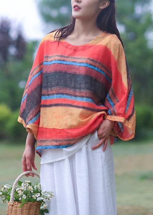 Striped Linen Shirts O Neck Batwing Sleeve Loose Summer Blouses