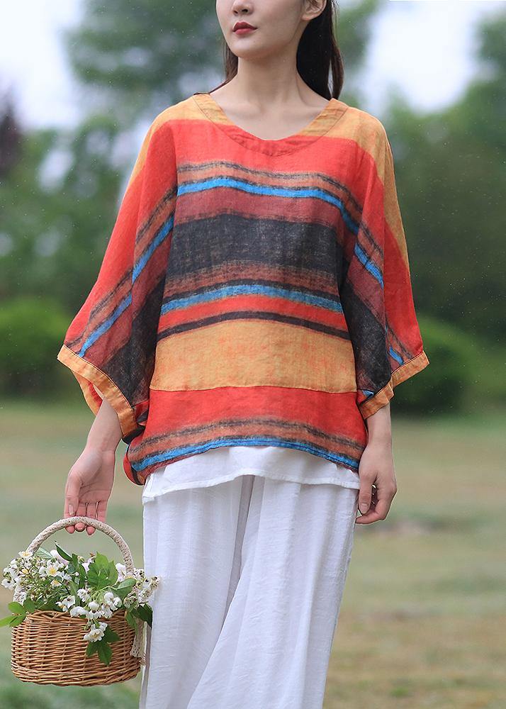 Striped Linen Shirts O Neck Batwing Sleeve Loose Summer Blouses