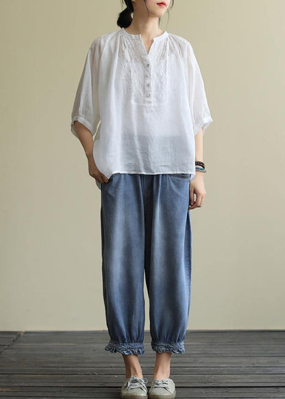 Summer V Neck Cotton Clothes for White Short Shirt