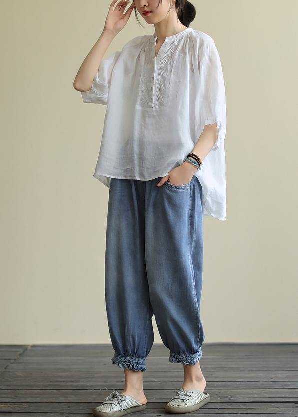 Summer V Neck Cotton Clothes for White Short Shirt