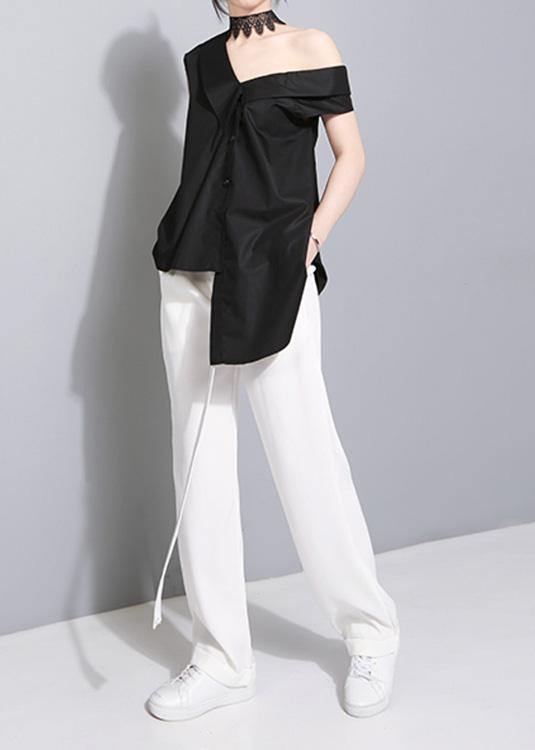 Tie Waist Cotton Crane Tops Sleeve Black Blouses Summer
