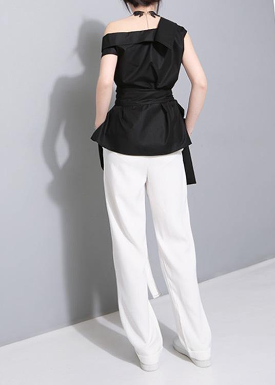 Tie Waist Cotton Crane Tops Sleeve Black Blouses Summer
