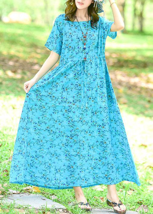 Tie Waist Cotton Dress Tutorials Blue Print Long Dress Summer