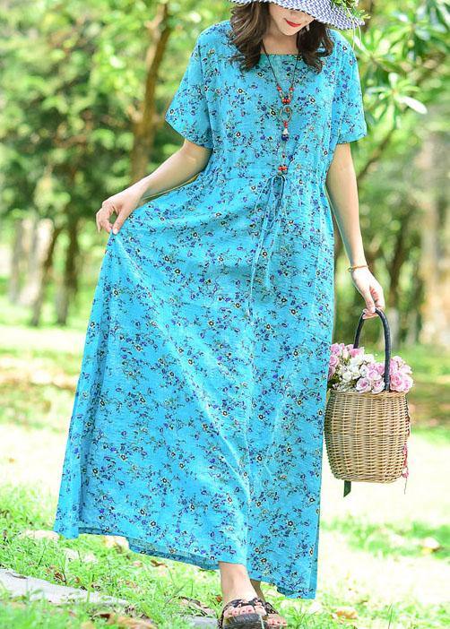 Tie Waist Cotton Dress Tutorials Blue Print Long Dress Summer