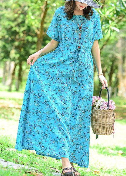Tie Waist Cotton Dress Tutorials Blue Print Long Dress Summer