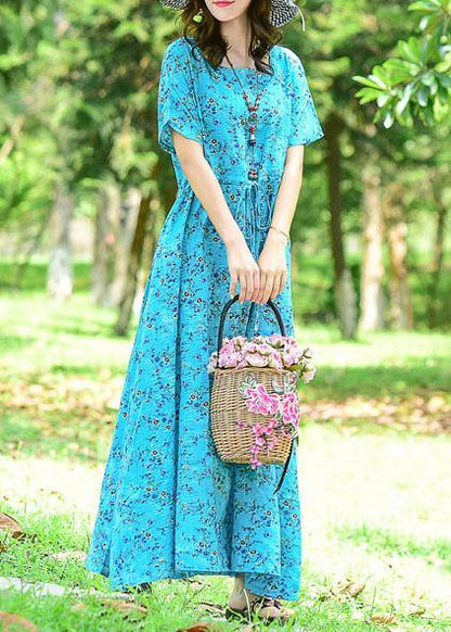 Tie Waist Cotton Dress Tutorials Blue Print Long Dress Summer