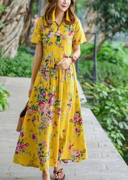 Tie Waist Cotton Quilting Dresses Design Yellow Print Dresses Summer