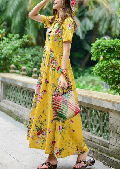 Tie Waist Cotton Quilting Dresses Design Yellow Print Dresses Summer