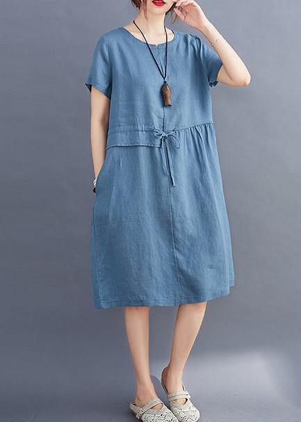 Tie Waist O Neck Linen Summer Robes Wardrobes Blue Dress