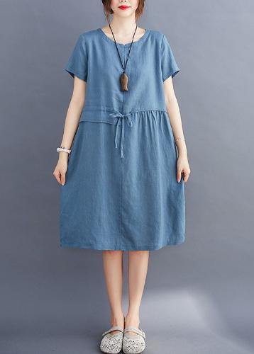 Tie Waist O Neck Linen Summer Robes Wardrobes Blue Dress