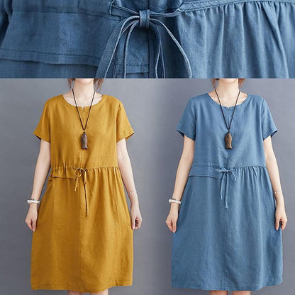 Tie Waist O Neck Linen Summer Robes Wardrobes Blue Dress