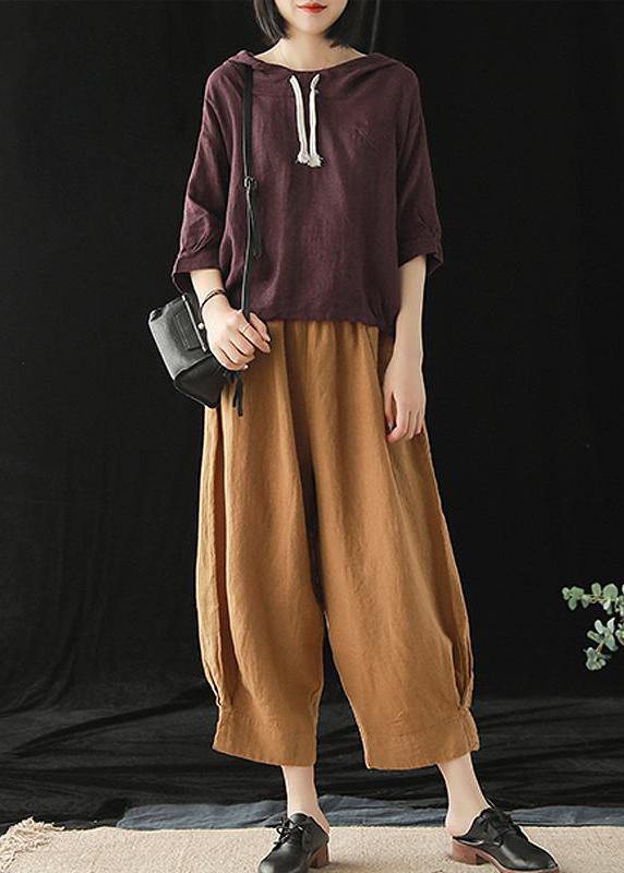 Top Silhouette Linen Summer Literary Burgundy Hooded Three Quarter Sleeve T-shirt