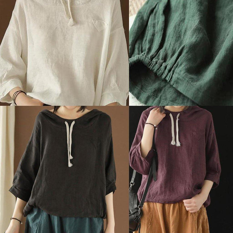 Top Silhouette Linen Summer Literary Burgundy Hooded Three Quarter Sleeve T-shirt