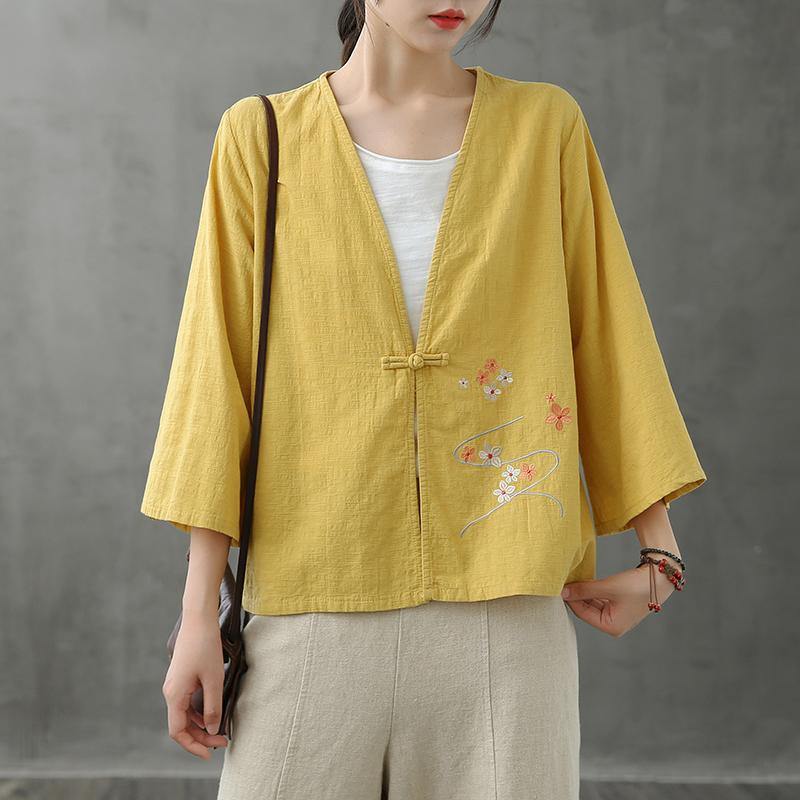 V Neck Chinese Button Tops Blouses Pattern Yellow Shirts