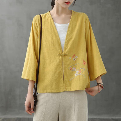 V Neck Chinese Button Tops Blouses Pattern Yellow Shirts