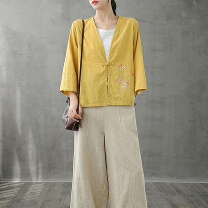V Neck Chinese Button Tops Blouses Pattern Yellow Shirts