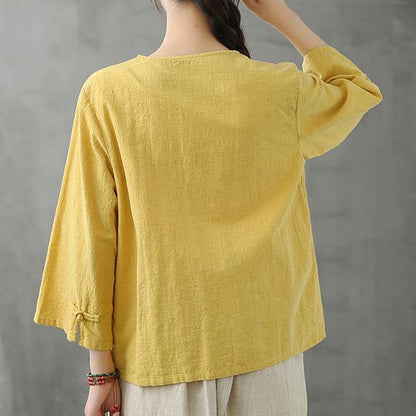 V Neck Chinese Button Tops Blouses Pattern Yellow Shirts