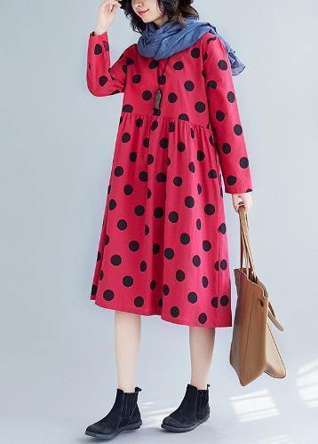 V Neck Cotton Quilting Dresses Tunic Tops Red Dotted Dress Fall