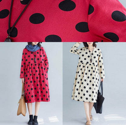 V Neck Cotton Quilting Dresses Tunic Tops Red Dotted Dress Fall