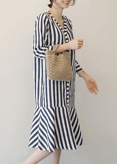 V Neck Ruffles Cotton Clothes Neckline Striped Dresses