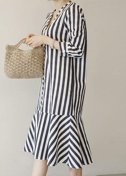V Neck Ruffles Cotton Clothes Neckline Striped Dresses