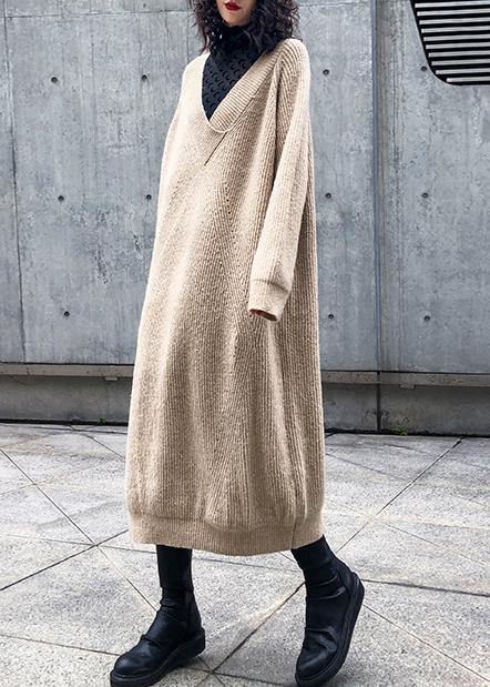 V Neck Sweater Dress Outfit Largo Khaki Tunic Sweater Dress
