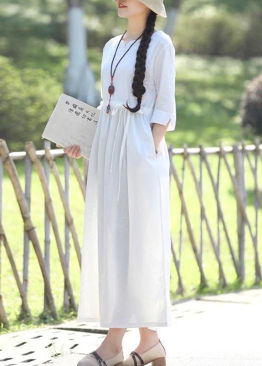 V Neck Three Quarter Sleeve Linen Cotton Long Shirts Tutorials White Traveling Dresses Summer