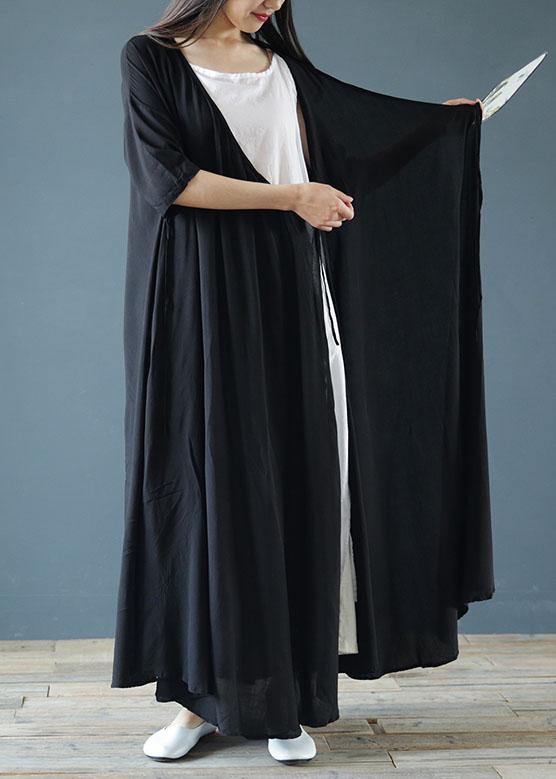 V Neck Asymmetric Cotton Summer Tunics Pattern Black Maxi Dresses