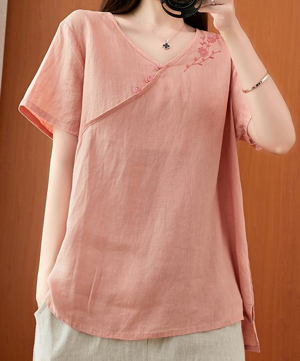 V Neck Clothes for Sleeve Pink Embroidery Tops