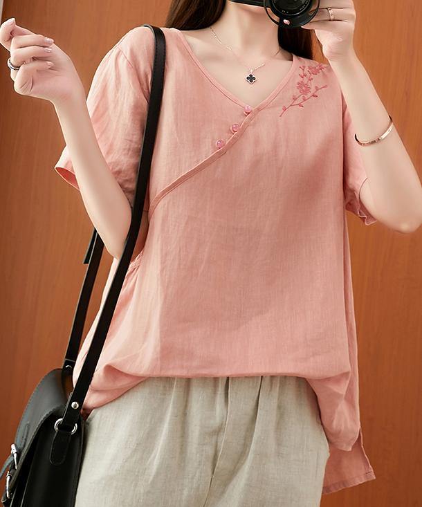 V Neck Clothes for Sleeve Pink Embroidery Tops