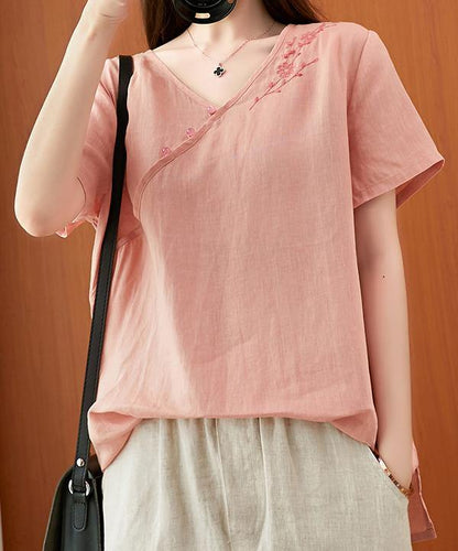 V Neck Clothes for Sleeve Pink Embroidery Tops