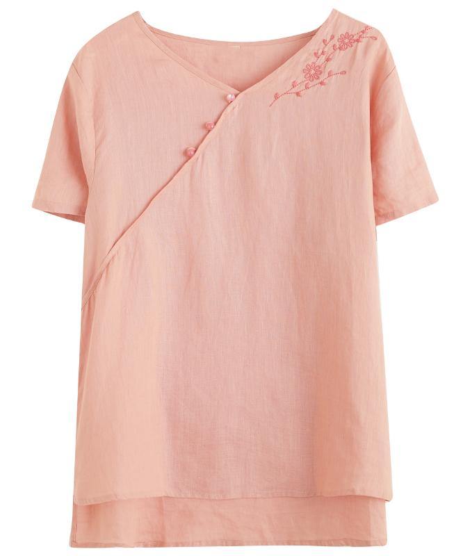 V Neck Clothes for Sleeve Pink Embroidery Tops