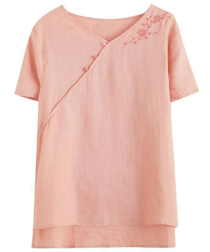 V Neck Clothes for Sleeve Pink Embroidery Tops