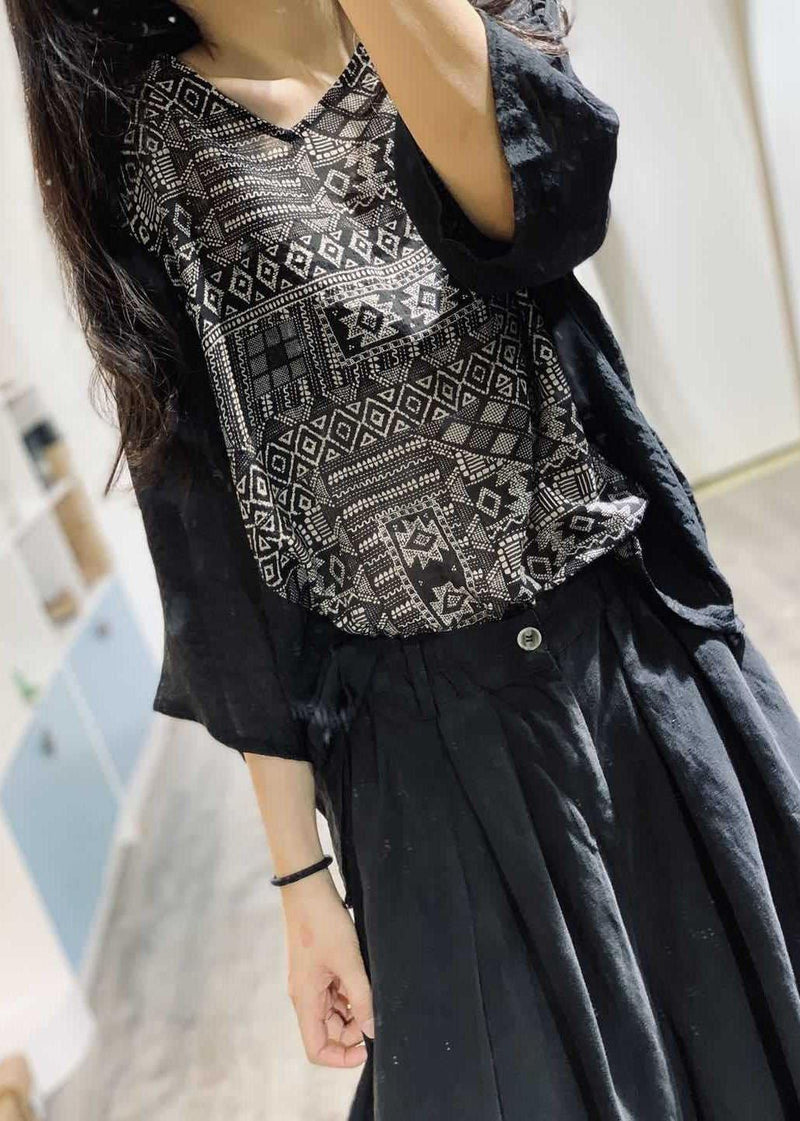 V Neck Cotton Blouses for Shirts Black Prints Blouse Fall