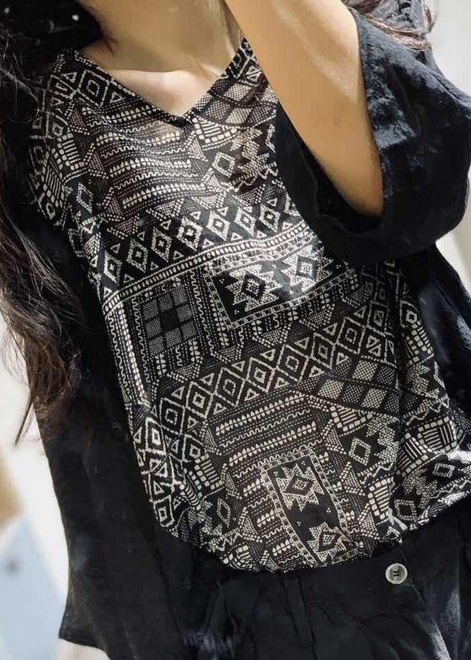 Women v neck cotton blouses for women Shirts black prints blouse fall