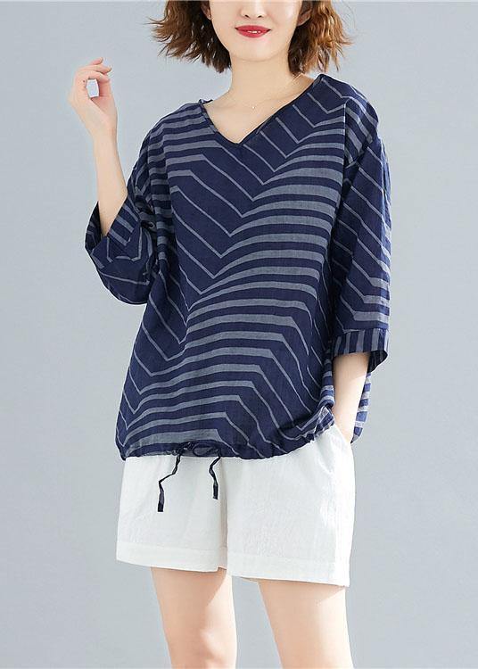 V Neck Cotton Linen Shirts Blue Striped Short Blouses Summer
