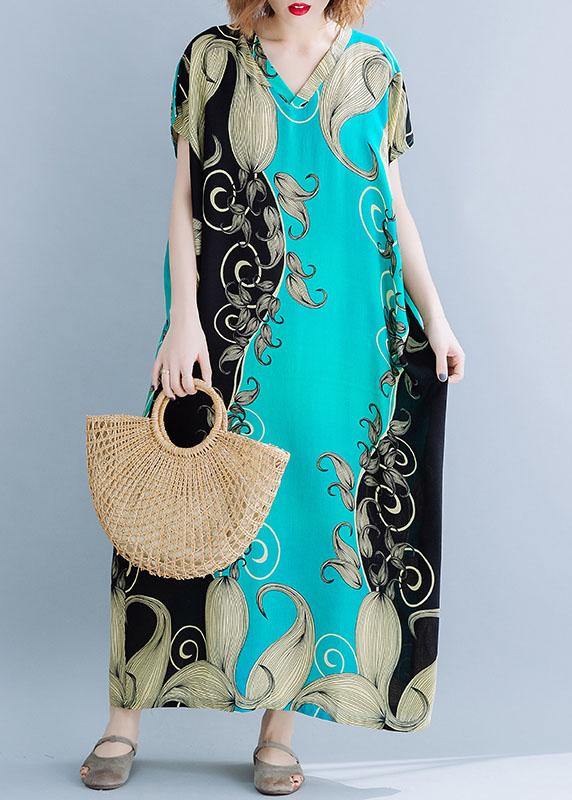 V Neck Cotton Summer Dresses Catwalk Green Print Cotton Robes Dress