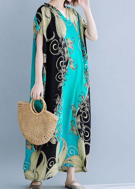 V Neck Cotton Summer Dresses Catwalk Green Print Cotton Robes Dress